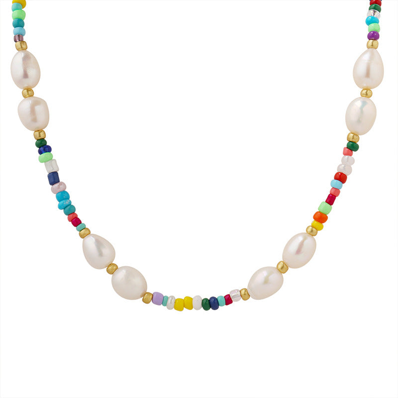 Freshwater Pearl And Rainbow Glass Beaded Necklace