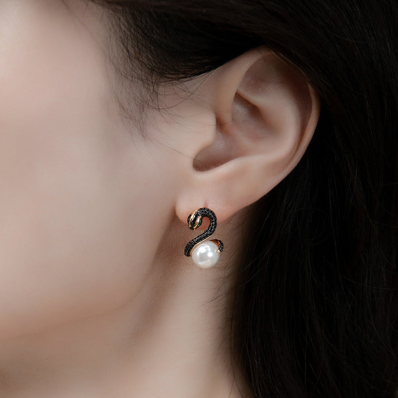 Pearl and Black Snake Earrings