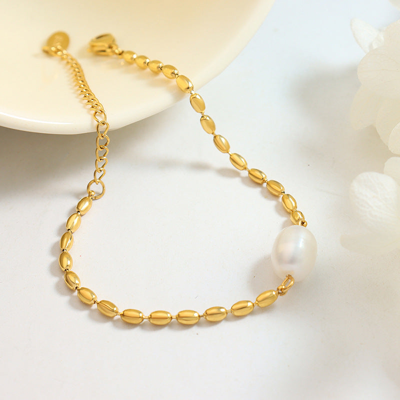 Gold Rice Beads With A Freshwater Pearl Bracelet