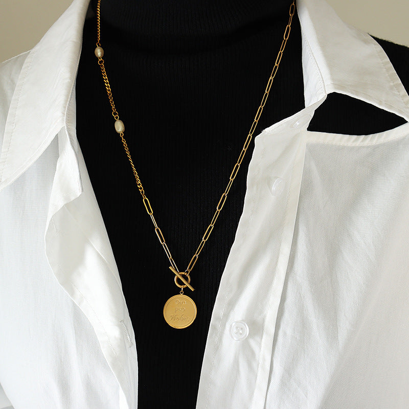 OT Clasp Vintage Coin Pendant Long Paperclip Sweater Necklace