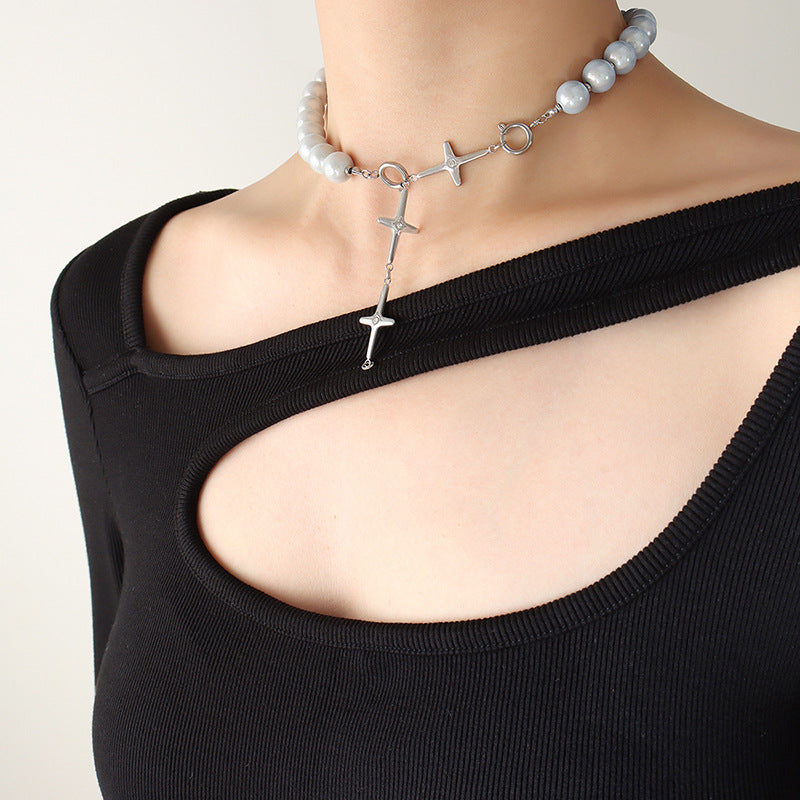 VIVI Mixing Colors Blue Cat Eye Stone Cross Necklace