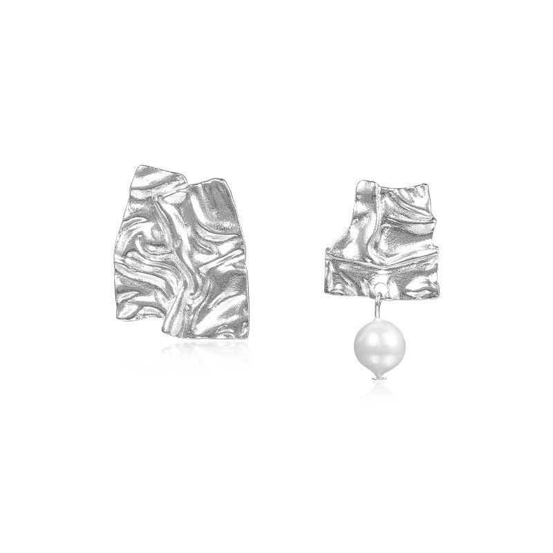 Asymmetrical Tin Foil Pearl Drop Earrings
