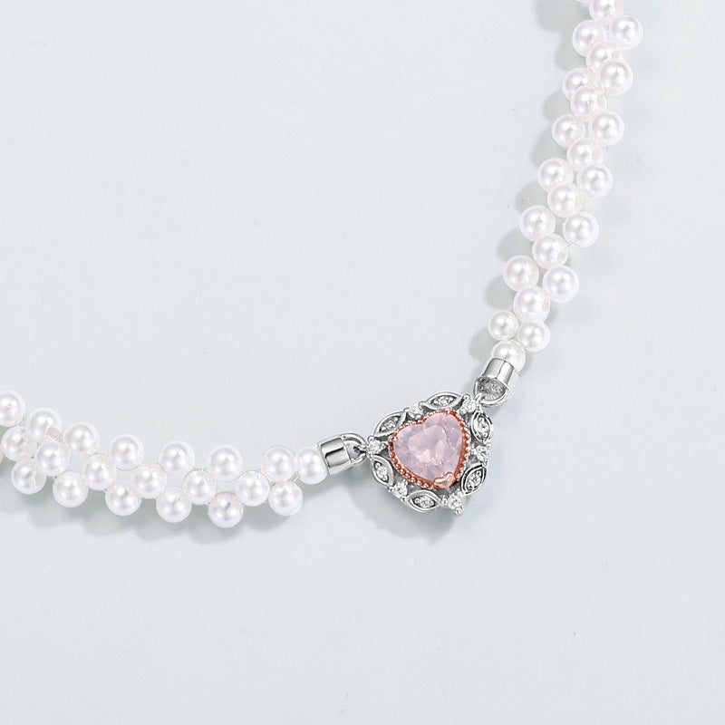 Princess Pink Crystal Love Heart Pendant Pearl Necklace