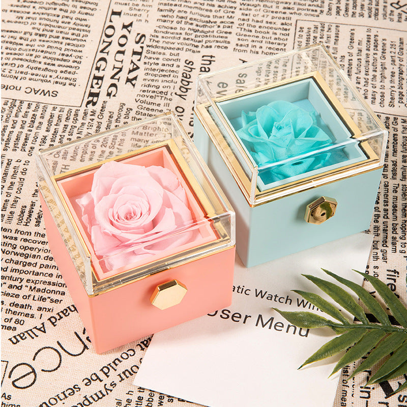 Preserved Flower Rose Ring Necklace Square Jewelry Box