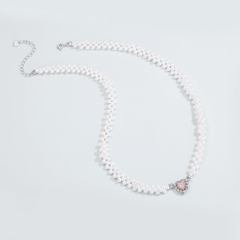 Princess Pink Crystal Love Heart Pendant Pearl Necklace