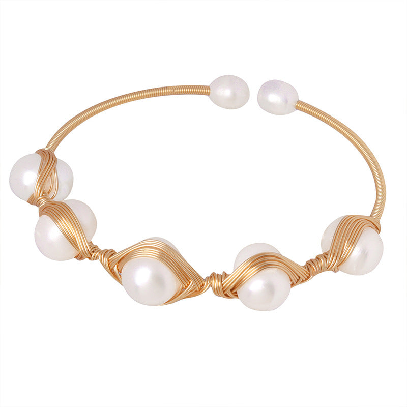 Handcrafted Brass Wrapped Freshwater Pearl Bangle Bracelet
