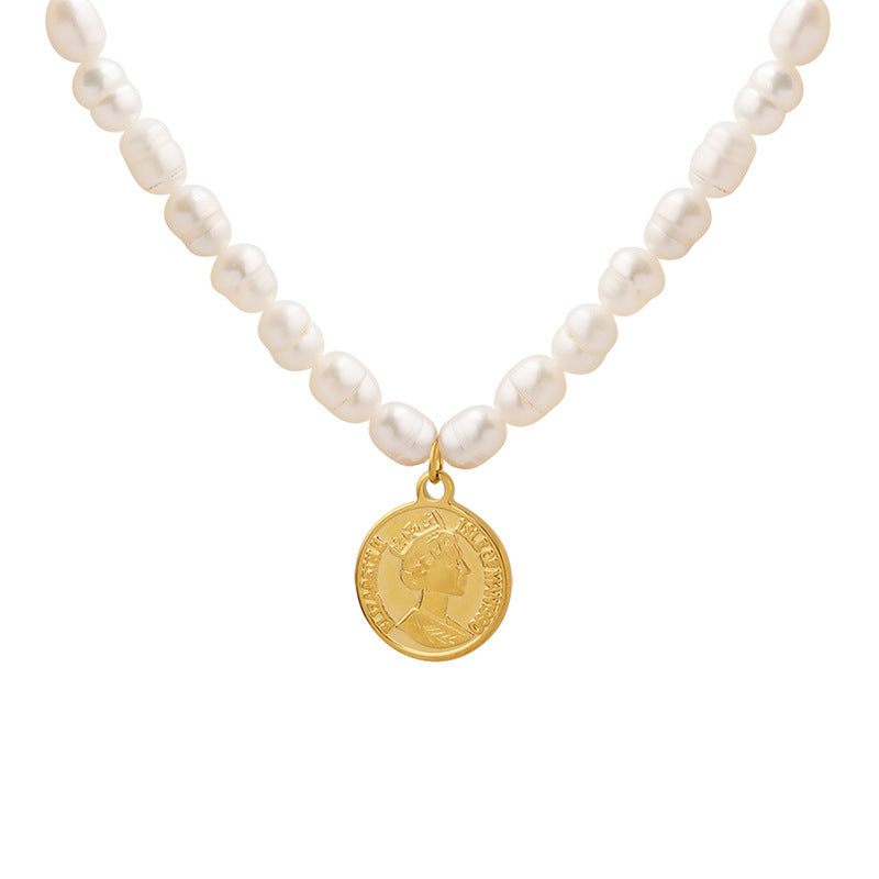 Double Sided Portrait Coin Pendant Freshwater Pearl Necklace