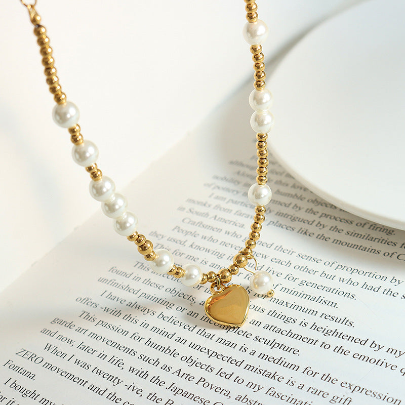 Gold Beads Heart Pendant Pearl Necklace