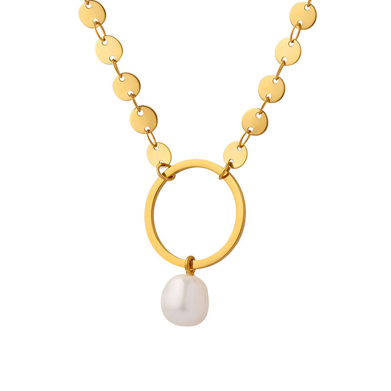 Round Disc Stitching Choker Necklace With Pearl Pendant