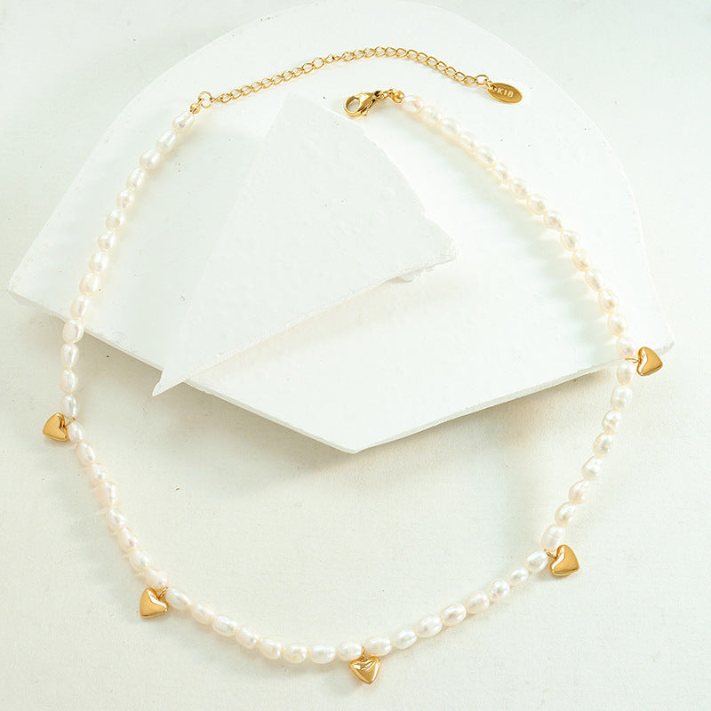 Gold Heart Charms Freshwater Pearl Necklace