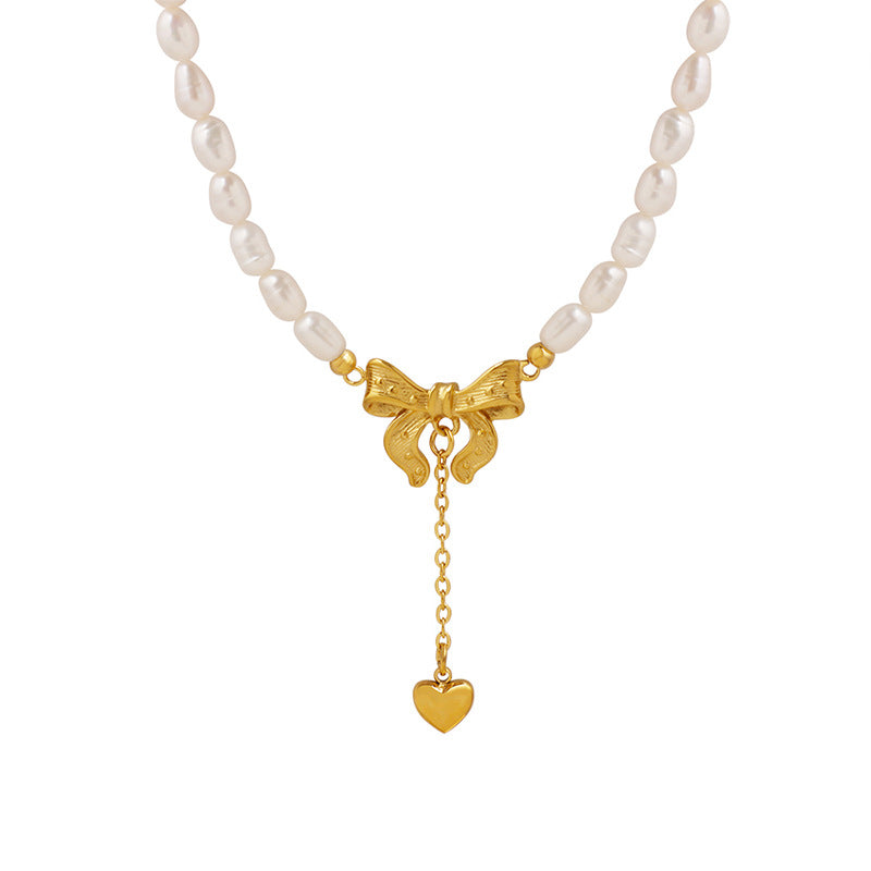 Heart Drop Gold Bow Pendant Necklace