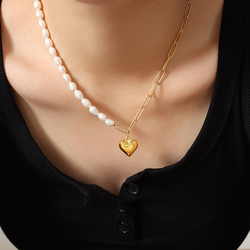 Half Paperclip Chain Half Freshwater Pearl Necklace With Heart Pendant