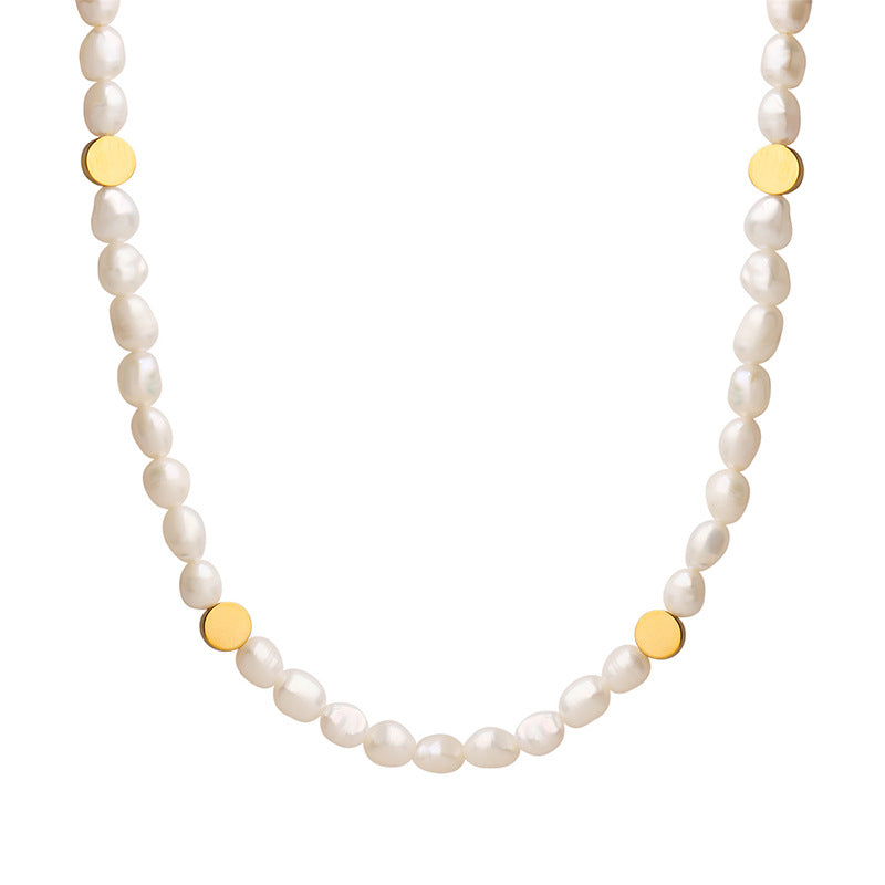 Gold Flat Round Beads Stitching Freshwater Pearl Necklace