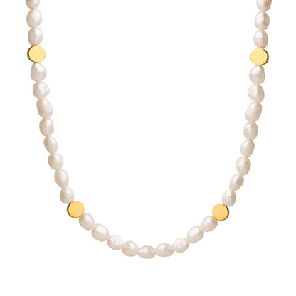 Gold Flat Round Beads Stitching Freshwater Pearl Necklace