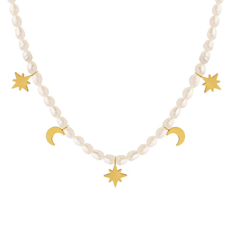 North Star Moon Charms Freshwater Pearl Necklace