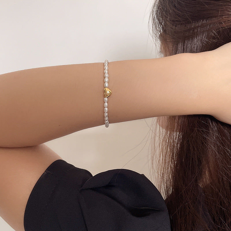 Super Thin Rice Pearl Bracelet with A Heart