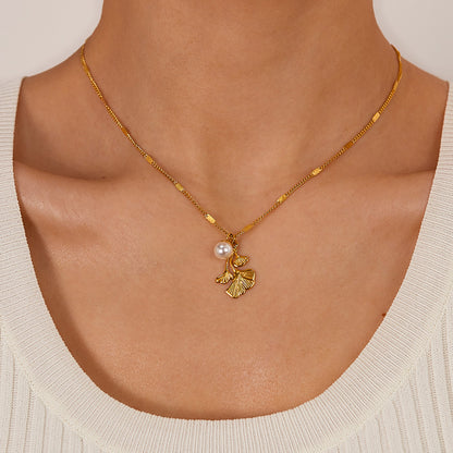 Ginkgo Biloba Leaf Pearl Pendant Necklace