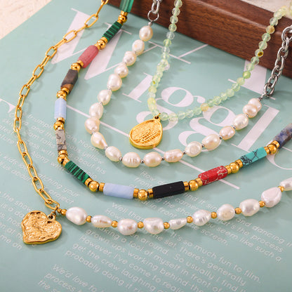 Colorful Jade Grape Stone Half Pearl Half Chain Necklace