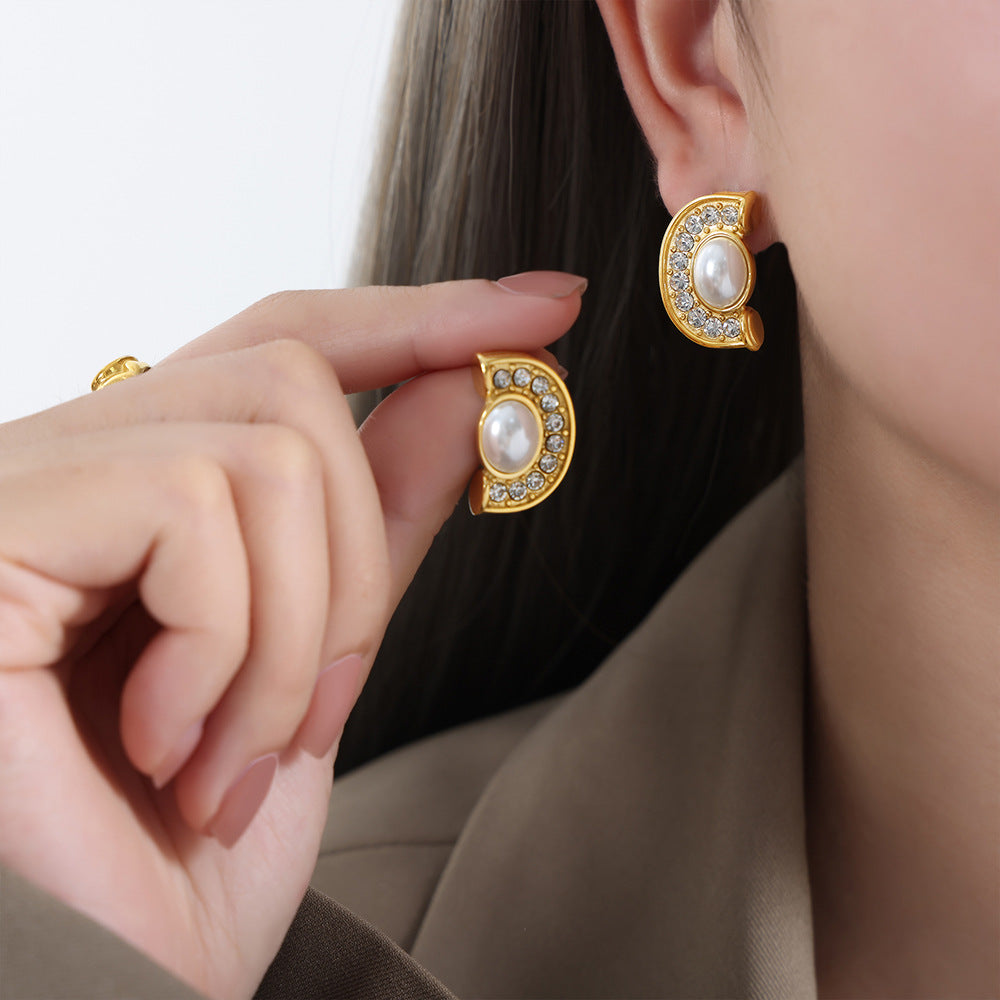 Charming Half Round Pearl And Diamond Earrings