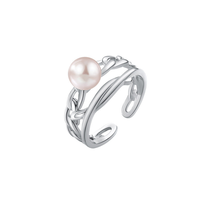 Silver Hollow Wide Band Pearl Ring