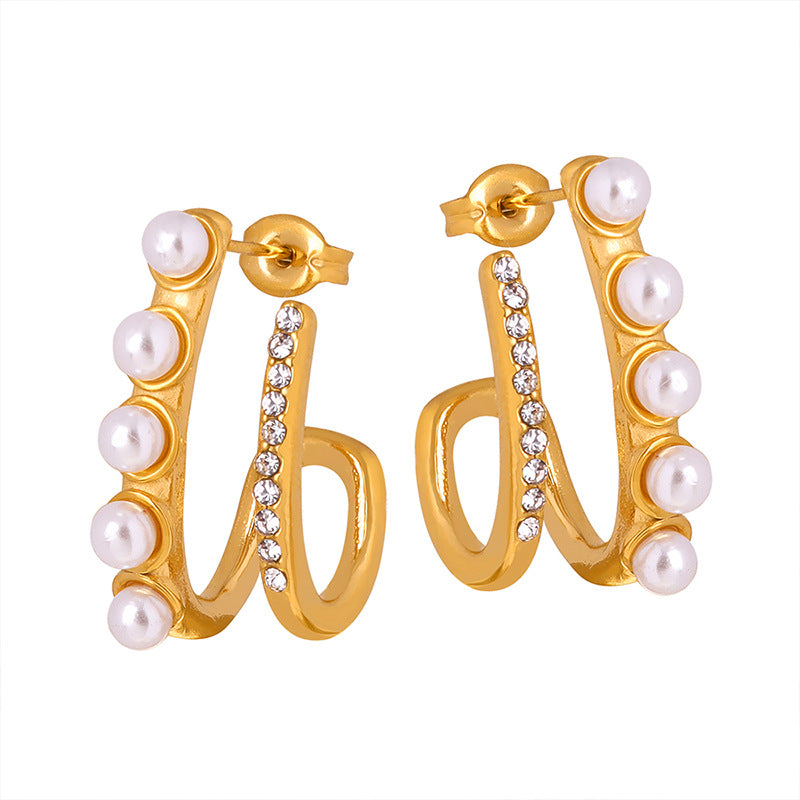 C Shape Pearl And Diamond Earrings