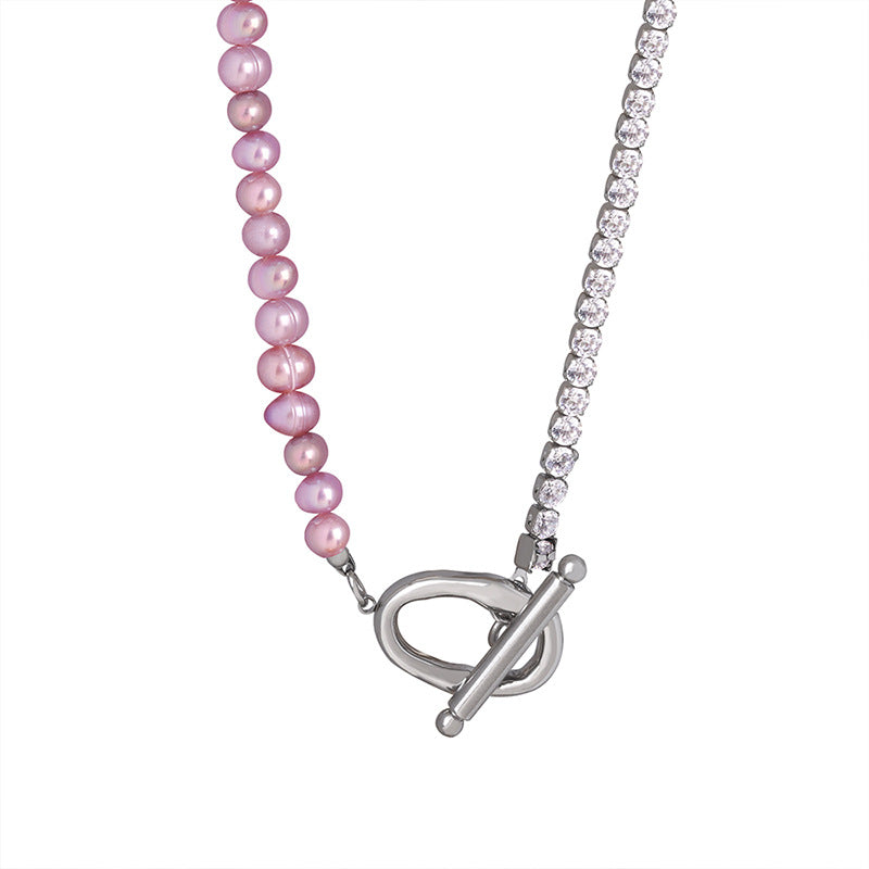 Half Light Purple Freshwater Pearl And Half Zircon Silver Chain OT Clasp Pendant Necklace