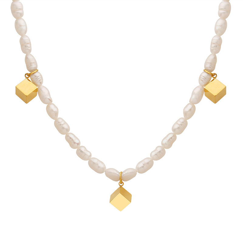 Gold Cube Charms Freshwater Pearl Necklace