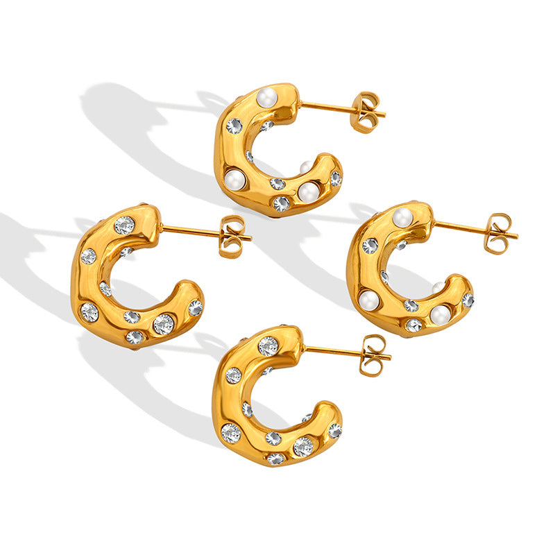 Geometric C Shape Zircon Pearl Earrings