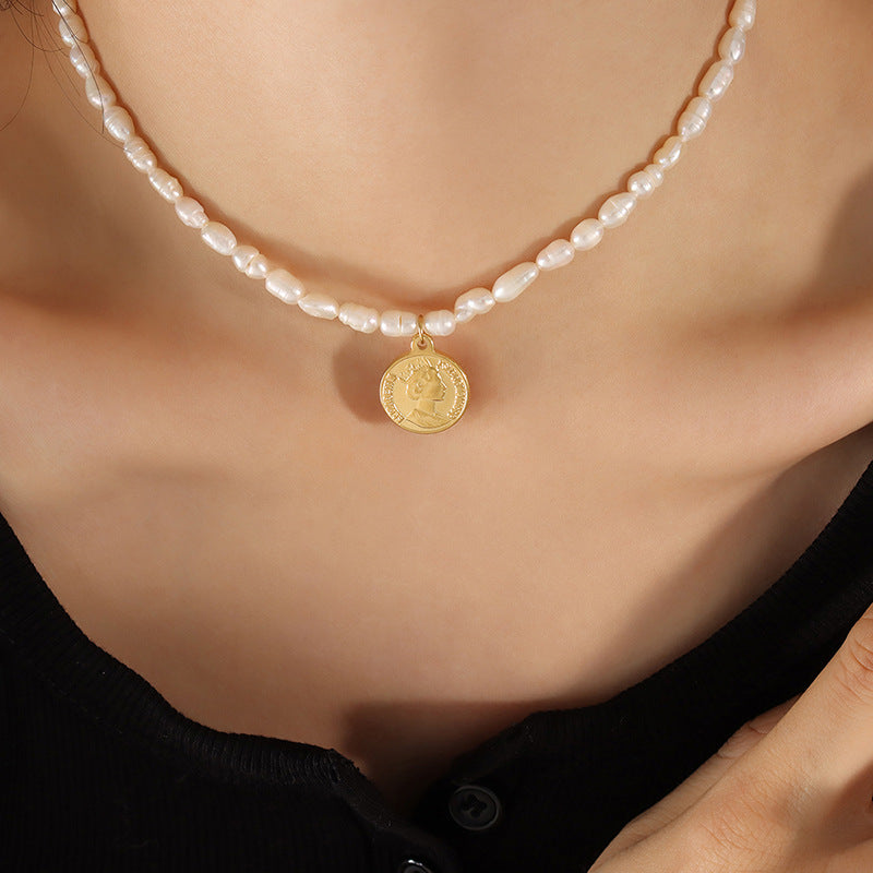 Double Sided Portrait Coin Pendant Freshwater Pearl Necklace