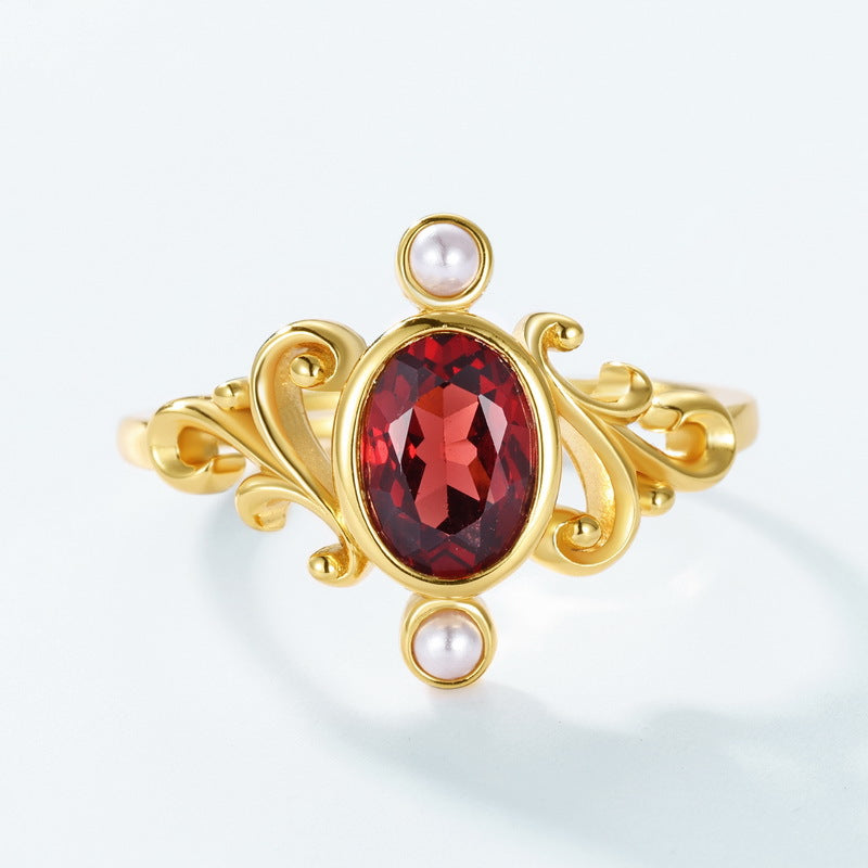 Retro Crown Pearl and Garnet Ring