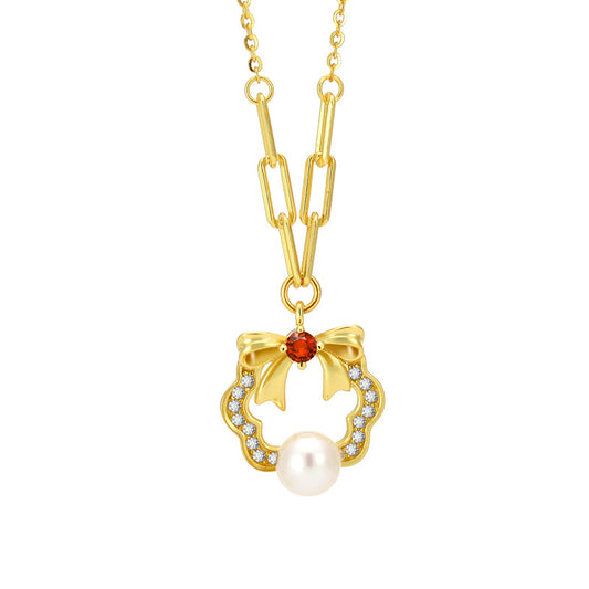 Christmas Wreath Bow Pearl Pendant Necklace