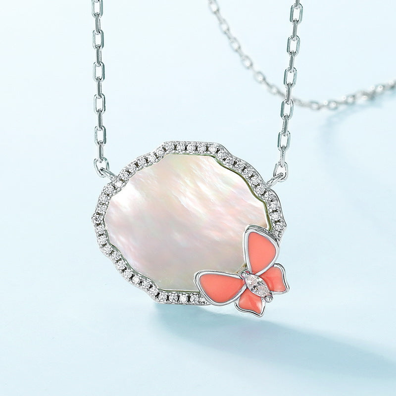 Pink Butterfly Mother of Pearl Pendant Necklace