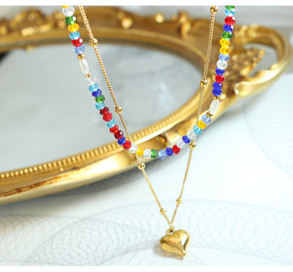 Double Layered Stacked Rainbow Crystal And Pearl With Heart Pendant Necklace