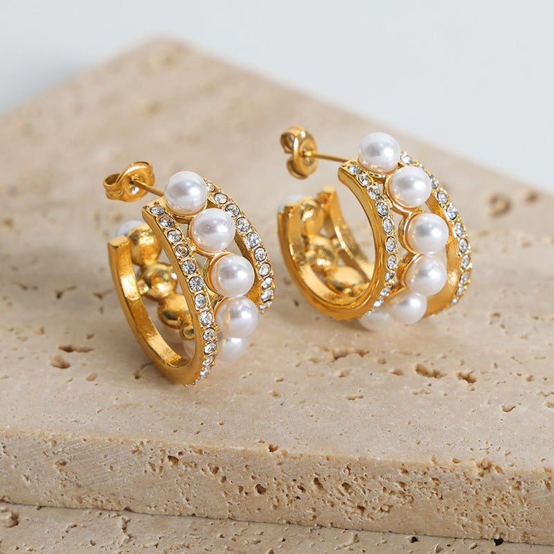 C Shape Pearl and Diamond Earrings