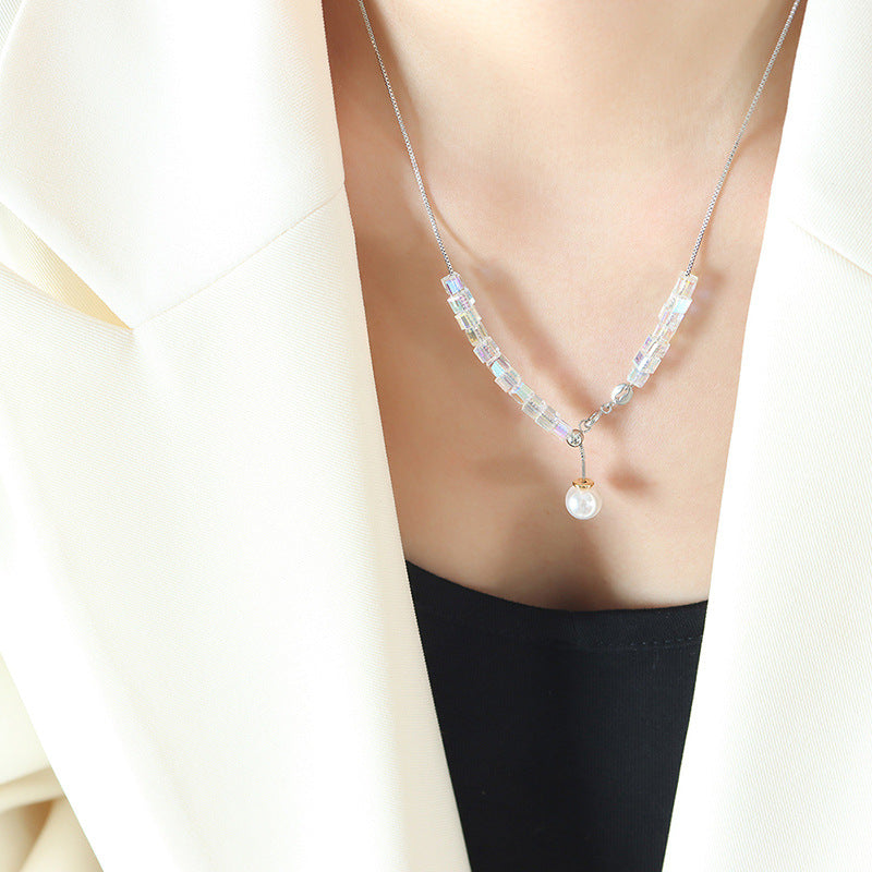 Adjustable Crystal Cube Pearl Drop Necklace