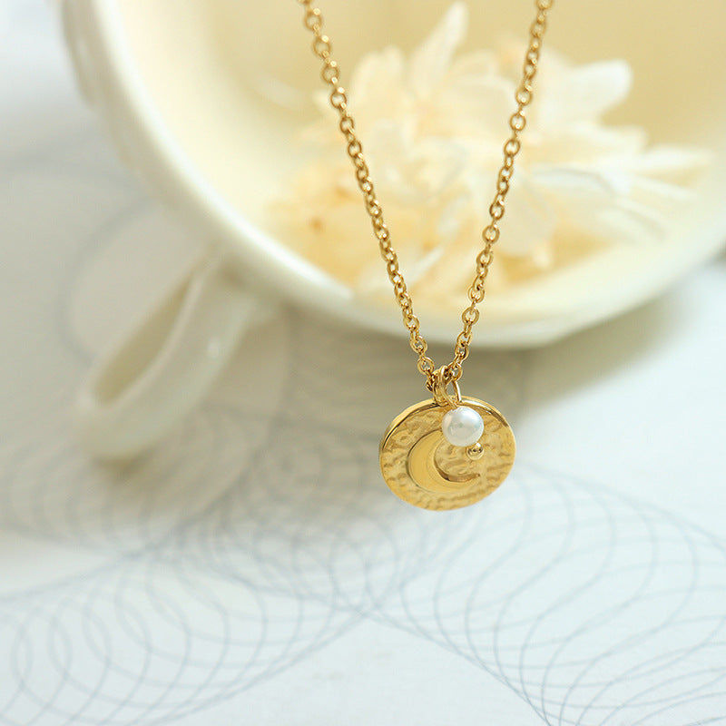 Coin Moon Pendant With Pearl Charm Necklace