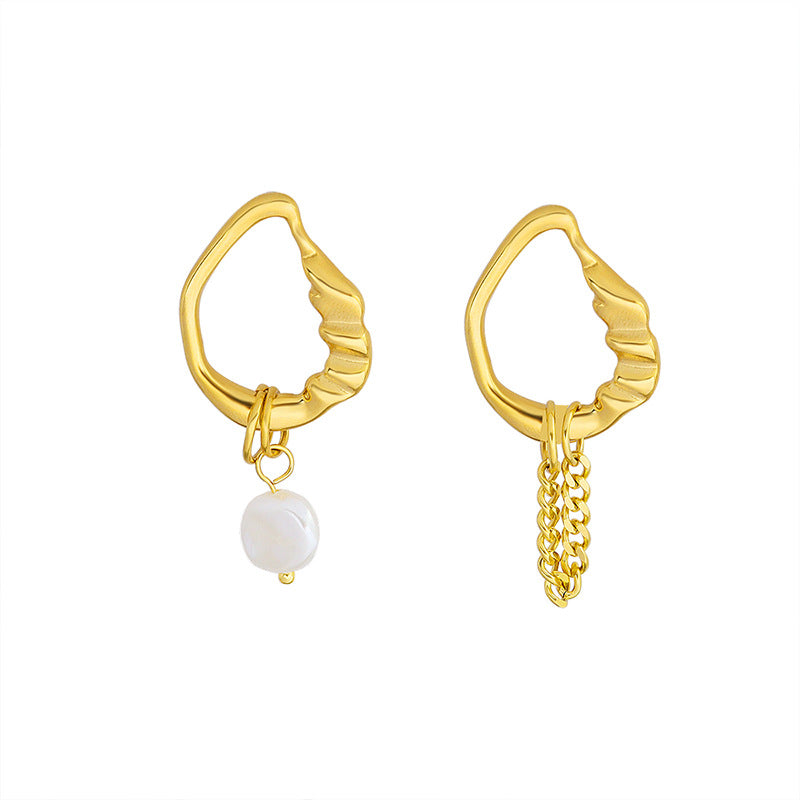 AB Asymmetrical Pearl And Chain Earrings