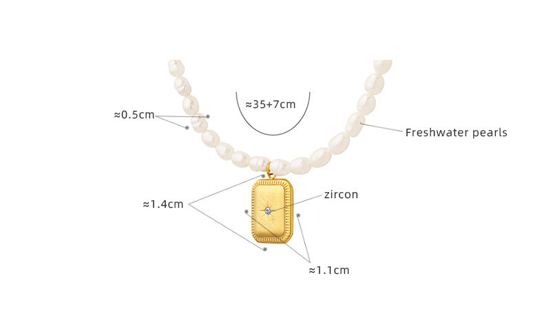 Rectangular Plate Inlaid Zircon Pendant Freshwater Pearl Necklace