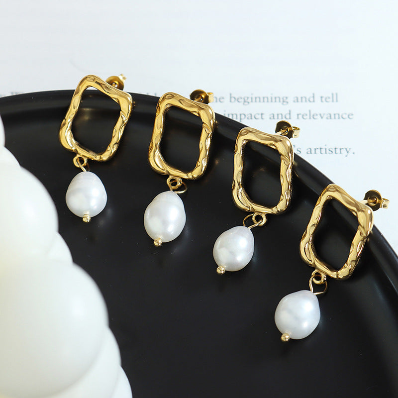 Debossed Gold Rectangle Pearl Drop Earrings