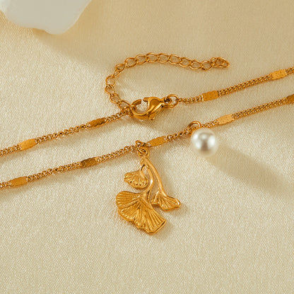 Ginkgo Biloba Leaf Pearl Pendant Necklace