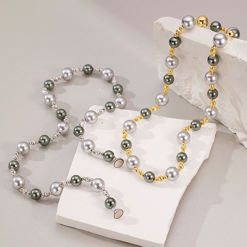 Magnetic Closure Luxury Swarovski Grey Pearl Necklace