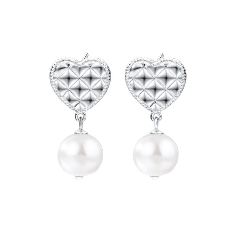 Lozenge Textured Love Heart Pearl Dangle Earrings