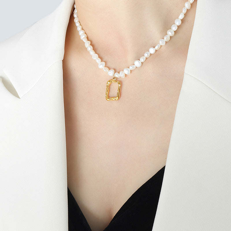 Rectangular Hollow Frame Pendant Freshwater Pearl Necklace