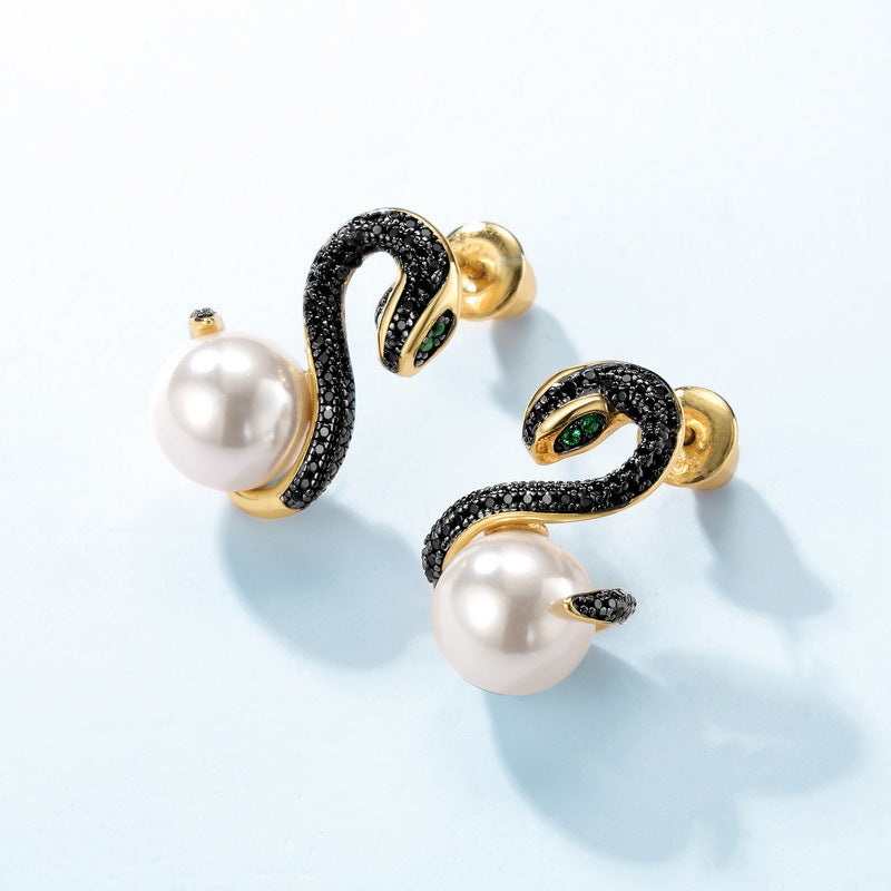 Pearl and Black Snake Earrings