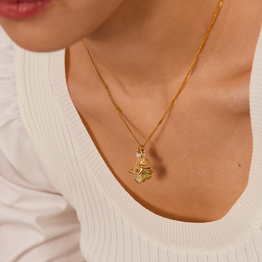 Ginkgo Biloba Leaf Pearl Pendant Necklace