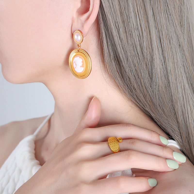 Oval Portrait Drop Pearl Stud Earring