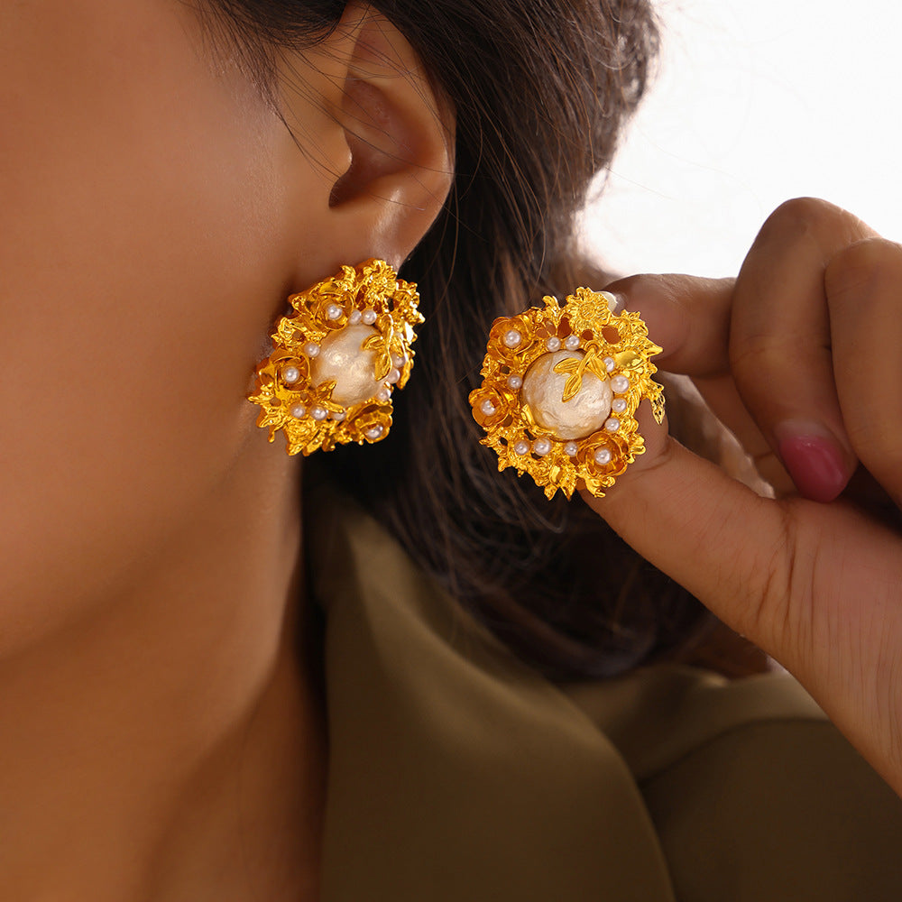 Luxury Vintage Baroque Blooming Flower Pearl Earrings