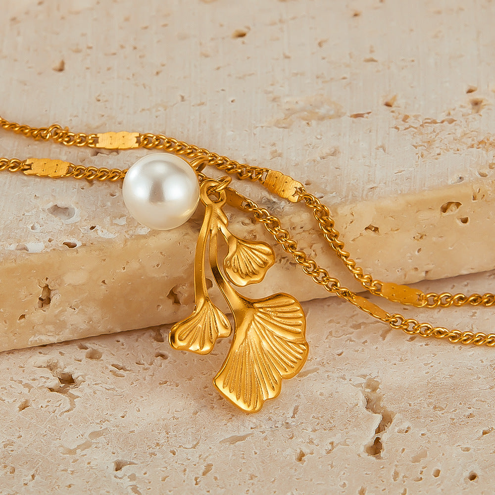 Ginkgo Biloba Leaf Pearl Pendant Necklace