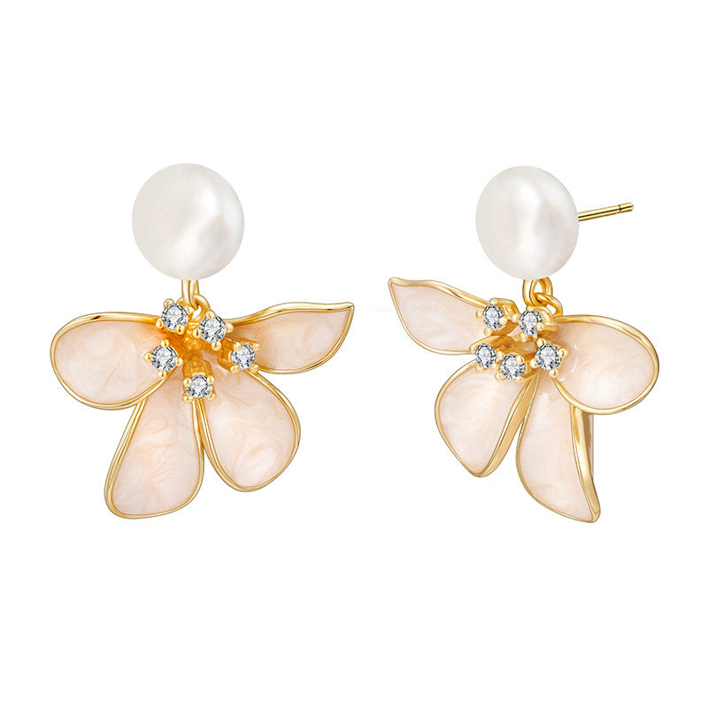 Enamel Flower Dangle Pearl Earrings