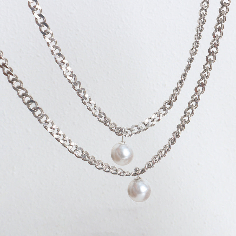 Silver Cuban Chain With A Detachable Pearl Pendant Necklace